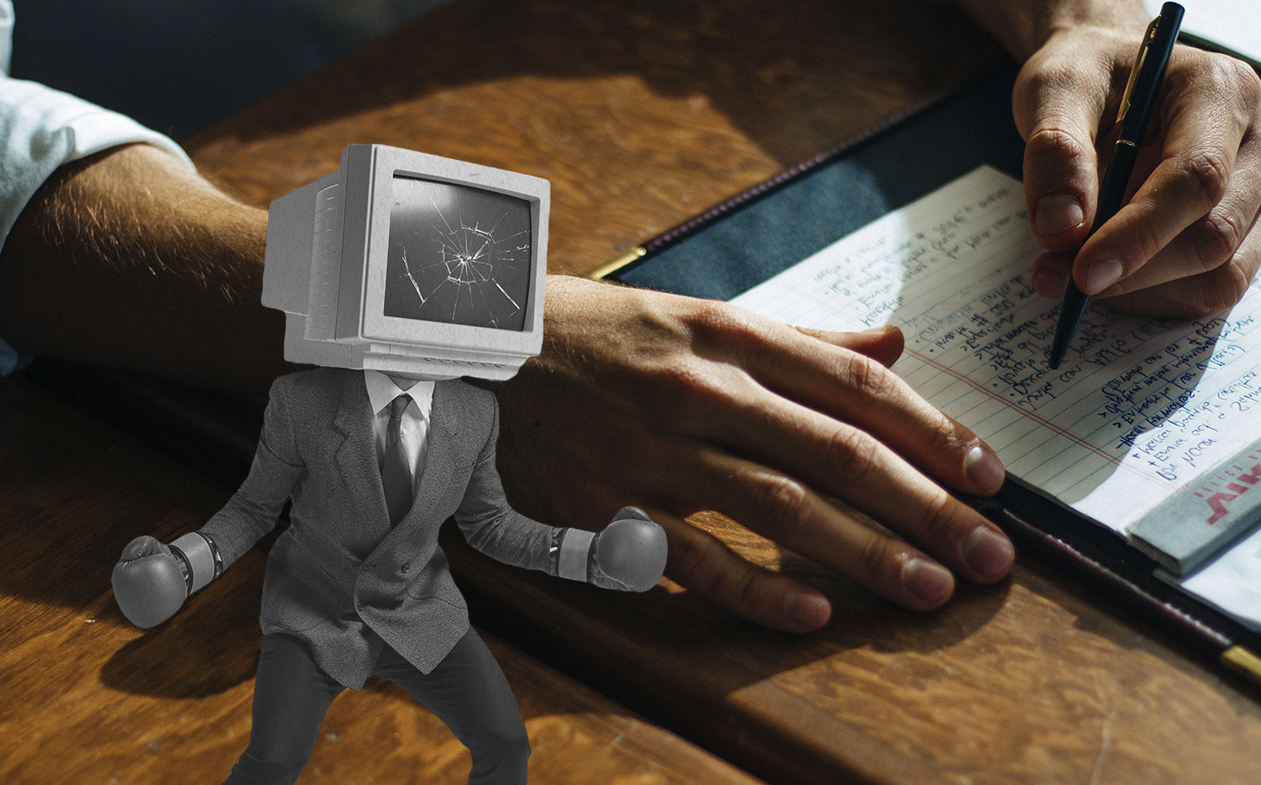 Creatividad de un ordenador como cabeza de una persona sobre una mano escribiendo un texto para el post “El potencial de la inteligencia artificial en el marketing y la publicidad”